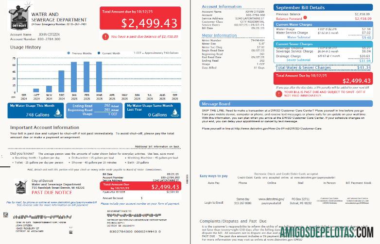 imprimível Modelo de conta de serviços públicos do Departamento de Água e Esgoto de Detroit dos EUA em formatos Word e PDF, 2 páginas, versão 2